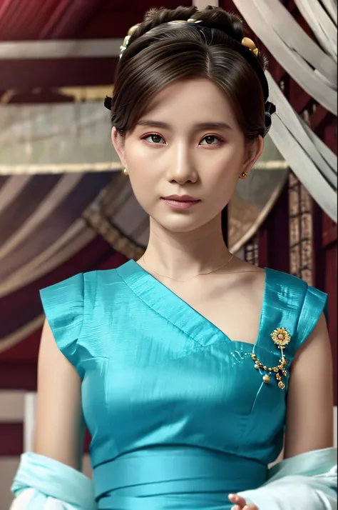 a close up of a woman wearing a turquoise dress and a tia, a colorized photo inspired by Huang Ji, trending on cg society, cloisonnism, palace ， a girl in hanfu, chinese style, hanfu, wearing ancient chinese clothes, beautiful render of tang dynasty, a bea...