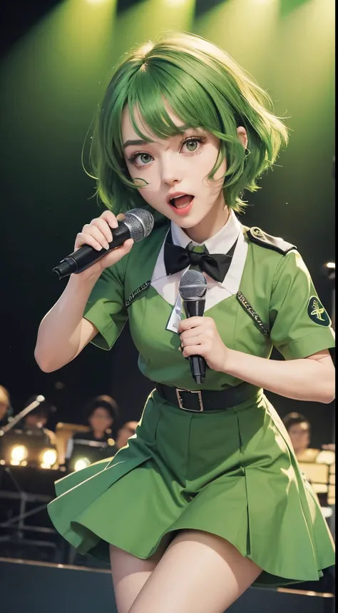 18 year old girl, she is wearing a green uniform, she has short green hair, she has green eyes, she is holding a mic, she is singing, very realistic, very detailed