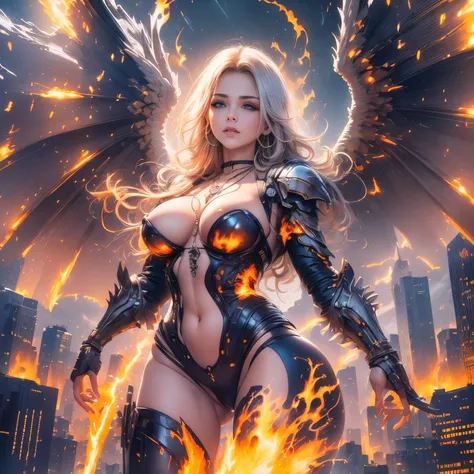 (mechanical), woman face, thunderstorm, necklace on fire, (apocalypse), huge angel, in the city, huge wings, (straddling to masturbate on the skyscraper), (crotch on fire), orgasm