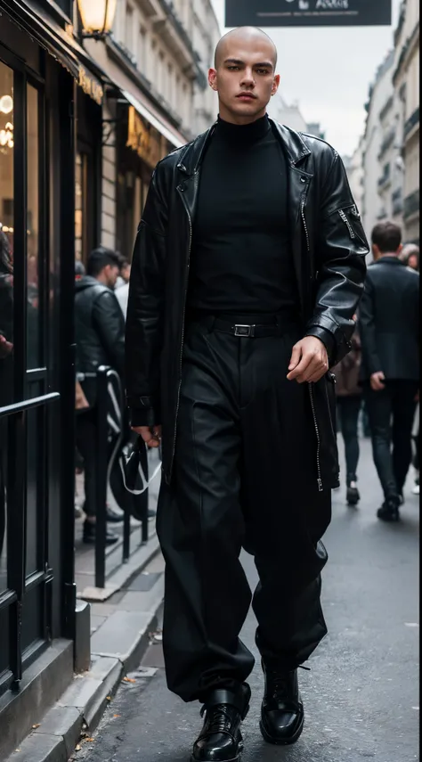 ((Top  Quality)), ((​masterpiece)), (Detailing), (high resolucion:1.2), ((Ready-to-wear)), ((Paris Fashion Week)), ((dark wear)), half shaved head, Masculinity, techwear, wide fit pants