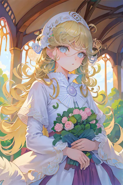 girl in eco-friendly couture clothes in vintage anime style beautiful symmetrical face pale skin blonde long hair fluffy hair almond eyes detailed line art fine details exquisitely eco-friendly atmosphere of gentle pastel free pose