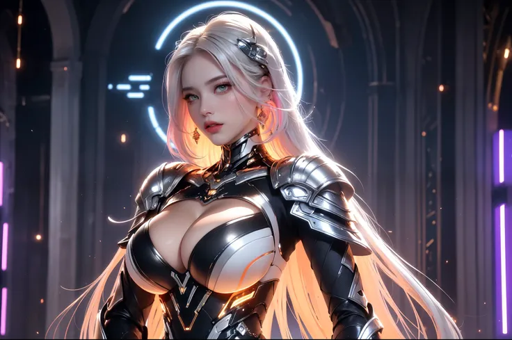 (masterpiece), best quality, expressive eyes, perfect face, beautiful details face, beautiful round eyes, full body, A beautiful mature woman in cyber armour suit shows her Extremely busty and attractive breasts, (arrogant face), (silver purple hair), (bob...