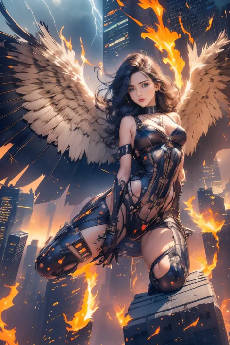 (mechanical), low angle, woman face, thunderstorm, necklace on fire, (apocalypse), huge angel, in the city, huge wings, ((straddling to masturbate on the top of skyscraper)), (crotch on flame), orgasm