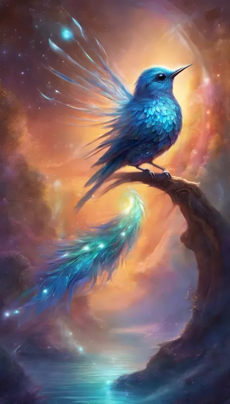 A small bird with iridescent feathers,their hues not of this world,shimmering with stardust-like speckles. The bird flies through a space made of flowing liquid metal and floating crystals,each flap of its wings causing a subtle ripple in space,creating a ...