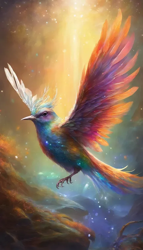 A small bird with iridescent feathers,their hues not of this world,shimmering with stardust-like speckles. The bird flies through a space made of flowing liquid metal and floating crystals,each flap of its wings causing a subtle ripple in space,creating a ...