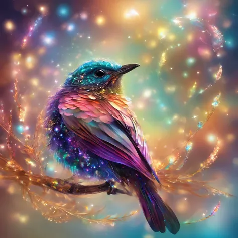 A small bird with iridescent feathers,their hues not of this world,shimmering with stardust-like speckles. The bird flies through a space made of flowing liquid metal and floating crystals,each flap of its wings causing a subtle ripple in space,creating a ...