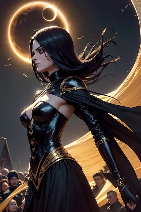 Uma personagem feminina usando capa, cabelos dourados curtos, In the midst of the crowd,Eclipse,goth clothing, detalhadas, 8k, magnificent art, dramatic scene, Eclipse at the apex of the image, Gothic armor with golden details, Vampiro, fluttering cover.