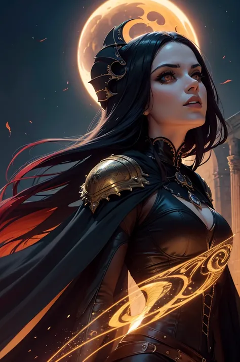 Uma personagem feminina usando capa, cabelos dourados curtos, In the midst of the crowd,Eclipse,goth clothing, detalhadas, 8k, magnificent art, dramatic scene, Eclipse at the apex of the image, Gothic armor with golden details, Vampiro, fluttering cover.