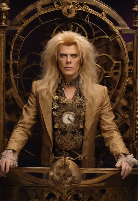 A snapshot of a beautifully intricate clock, with gears and pendulums in constant motion,Labyrinth,Jareth has long spiky blonde hair, purple eyeshadow with cat-eye eyeliner, wears a frilly shirt and tight pants, and a high open collar. Portrayed by David B...