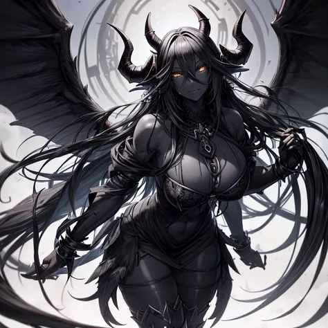 Best quality，A high resolution，One demon，(Pure black skin:1.7)，(a pair of long, curved horns：1.5)，Black wings，（gigantic cleavage breasts）