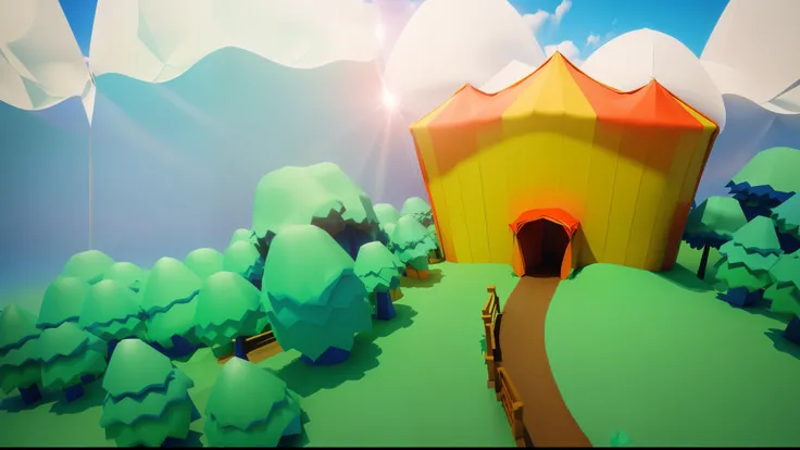 there is a small circus tent in the middle of a field, stylized as a 3d render, 3 d stylize scene, stylized 3d render, 3 d render stylized, stylized 3 d, low poly 3 d render, 3 d low poly render, 3d low poly render, low poly 3 d, rendered in unity 3 d