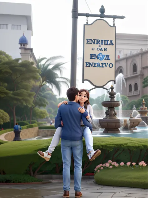 o casal esta apaixonado na foto, and they are in front of a sign that says fountain of eternal love, em meio a chuva fraca e pouco nevoeiro, low quality video