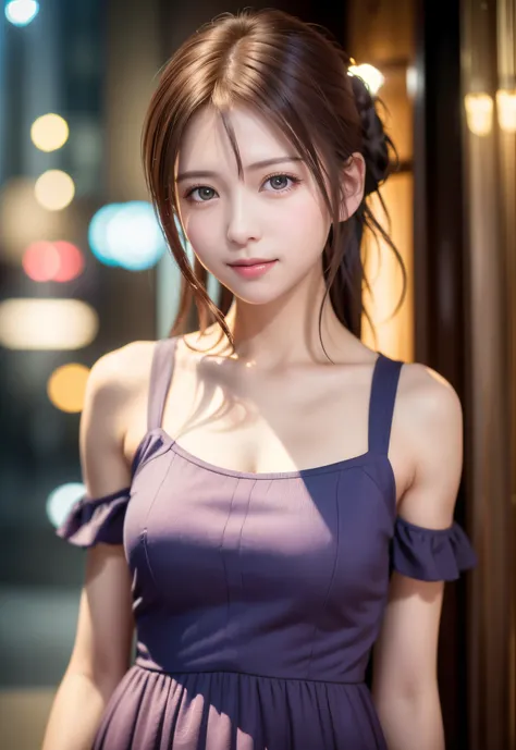 8K, of the highest quality, masutepiece:1.2), (Realistic, Photorealsitic:1.37), of the highest quality, masutepiece, Beautiful young woman, Pensive expression, kindly smile, Cute dress, Hair tied back, Messy mood, Cinematic background, Light skin tone