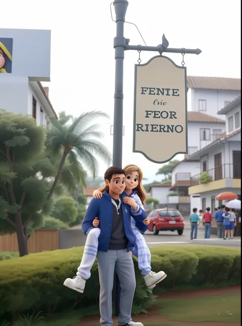 o casal esta apaixonado, she is looking and smiling at the camera and he is smiling looking to the left side, and they are in front of a sign that says "Fonte do Amor Eterno" In Portuguese, em meio a chuva fraca e pouco nevoeiro, low quality video