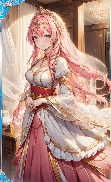 (Best quality, A high resolution, ctextured skin, high high quality, high detal,Extremely detailed CG unification),Teenage girl，obsessed，Divine happiness，Being in love，having fun，(Heavenly maxi skirt and ball gown combination)，with pink hair，eBlue eyes，(Fa...