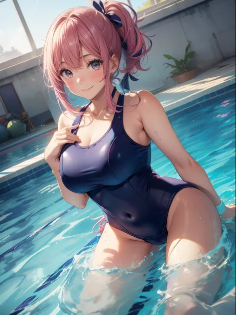 top-quality、Full limbs、complete fingers、one beautiful women、Beautiful Large Breasts、Medium Hair、poneyTail、Pink hair、(Navy blue school swimsuit:1.5)、Bold sexy poses、Smile、20 years girl、school swimming pool