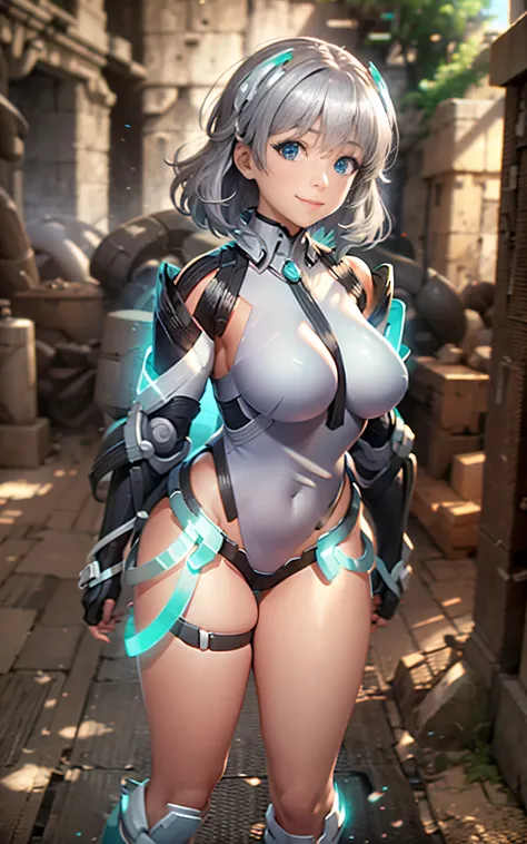 lightsmile, deva battle suit, Outdoors, Silver hair, bobhair, Blue eyes, waist shot