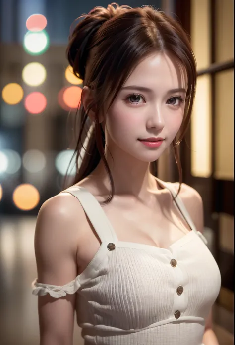 8K, of the highest quality, masutepiece:1.2), (Realistic, Photorealsitic:1.37), of the highest quality, masutepiece, Beautiful young woman, Pensive expression, kindly smile, Cute dress, Hair tied back, Messy mood, Cinematic background, Light skin tone