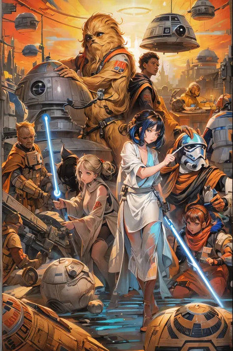 "((Animee)) book cover for Star Wars, dramatic scenes, ((expressive characters)), futuristic details, vibrant and ((captivating colors)), dynamic composition,