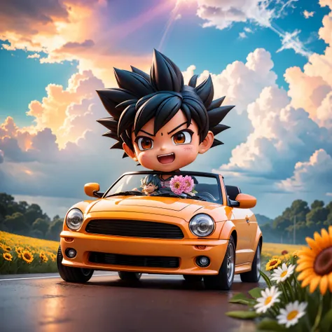 rains，Clouds，sunrays，highway，Little boy driving a convertible，son goku，SuperSaiyan，big laughter，Spiked hairstyle，Flowers，yama，kali，The bird，Rich colors，The Masterpiece，chibi，full body