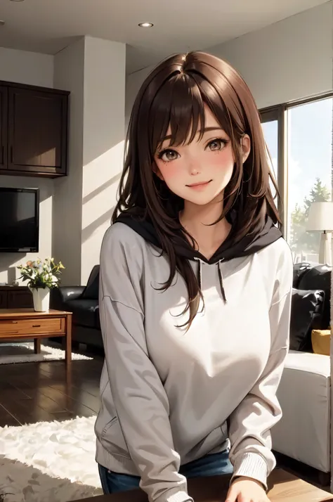 1lady standing, /(oversized hoodie/), mature female, /(brown hair/) bangs, blush kind smile, (masterpiece best quality:1.2) delicate illustration ultra-detailed, large breasts BREAK /(modern house living room/) indoors