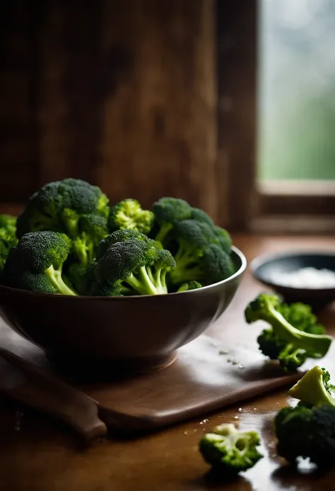 A visually stunning composition of a bowl filled with steamed broccoli florets, with a sprinkle of sea salt and a drizzle of olive oil, capturing the simplicity and natural beauty of a healthy meal