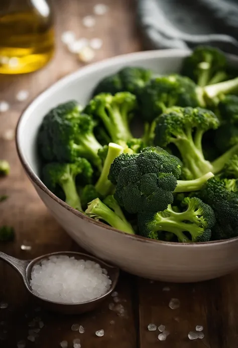 A visually stunning composition of a bowl filled with steamed broccoli florets, with a sprinkle of sea salt and a drizzle of olive oil, capturing the simplicity and natural beauty of a healthy meal