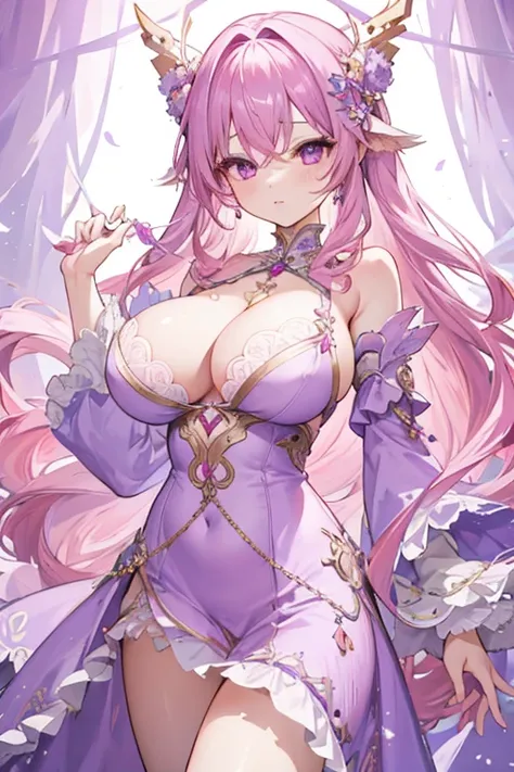 1girl in、huge tit、Light pink hair、Untied wavy long hair、jewel-like purple eyes、Lilac dress、Sexy Girl、Longer dress、ornate、Beautiful fece、Very delicate