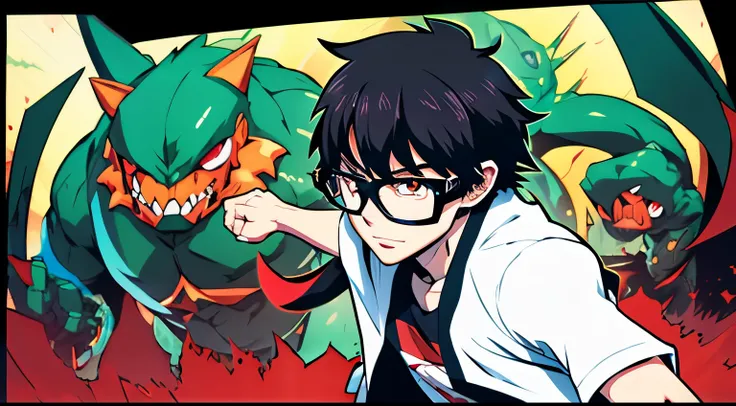 Anime style、fight monsters、shoun、eye glasses