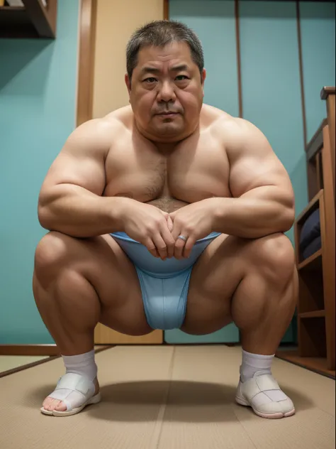 A thick man is 50yo in japan, He stand and slouching look down, dwarfism, Wearing a light blue short sleeve and white diaper, Pampers, Pacifier and bib, Bare legs, crew cut, tearful, expression of agony, There is a small puddle at his feet, from side, play...