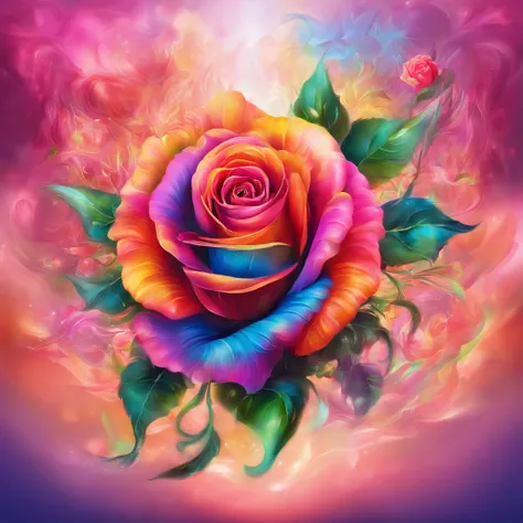 brightly colored roses，With starburst background, Alexander Sharp Ross (Alexander Sharpe Ross) of airbrush painting, Hot topics on artstation, trippy art, rainbow gradient bloom, made entirely from gradients, Melancholy rose soft light, vibrant digital pai...