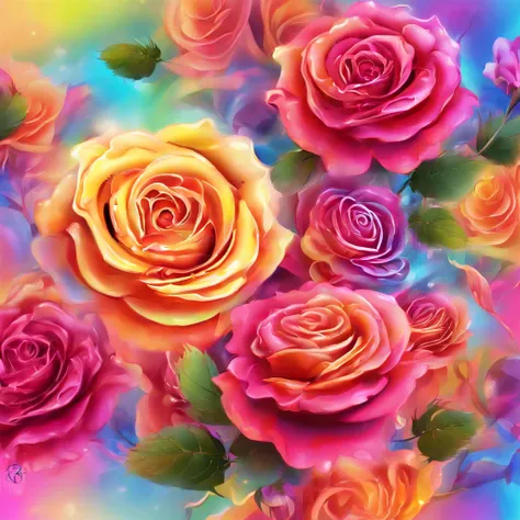 brightly colored roses，With starburst background, Alexander Sharp Ross (Alexander Sharpe Ross) of airbrush painting, Hot topics on artstation, trippy art, rainbow gradient bloom, made entirely from gradients, Melancholy rose soft light, vibrant digital pai...