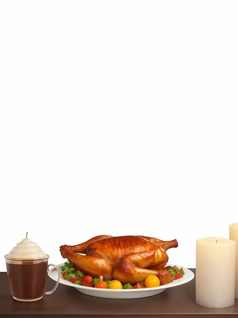 (best quality), Roasted BBQ Chicken, Thanksgiving, Candles, Chocolate Ice Cup , Food On Table , UHD , 8K , Realistic