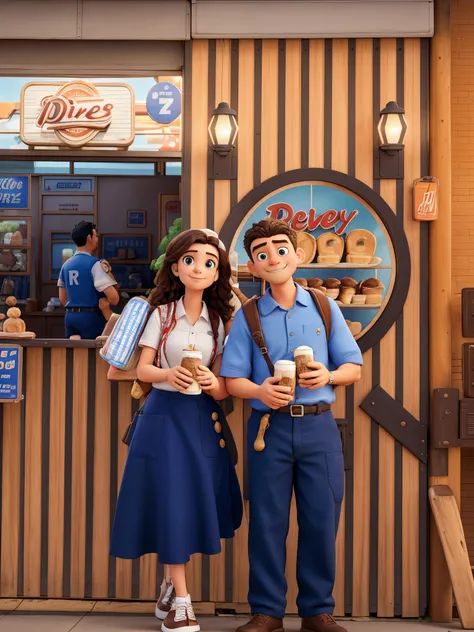 there are couple standing next to each other in front of a restaurant, wearing rr diner uniform, medium shot of two characters, official store photo, photoshot, promotional still, advertising photo, shot on sony a 7 iii, shot on nikon z9, with two characte...