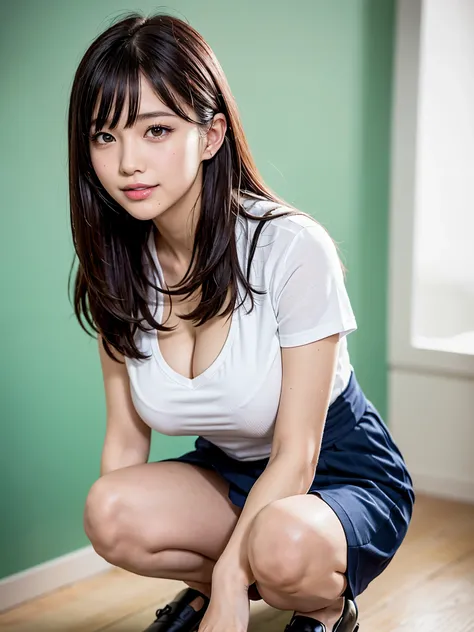 ((masutepiece)), ((Best Quality)), (Ultra-detailed), ((Extremely detailed)), 4K, (8K), Best Quality, (Beautiful), Realistic, Real, Dynamic Angle 0, Front view ,a Japanese young pretty girl ,School classroom corridor, Daytime, summer day, Squatting,Leaning ...