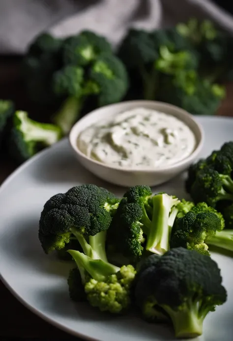 A close-up shot of a plate of raw broccoli florets, with a small dish of creamy dip beside them, showcasing the versatility of broccoli as a tasty and nutritious snack, creating a visually interactive and tempting display.