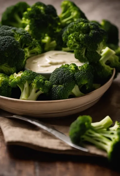 A close-up shot of a plate of raw broccoli florets, with a small dish of creamy dip beside them, showcasing the versatility of broccoli as a tasty and nutritious snack, creating a visually interactive and tempting display.