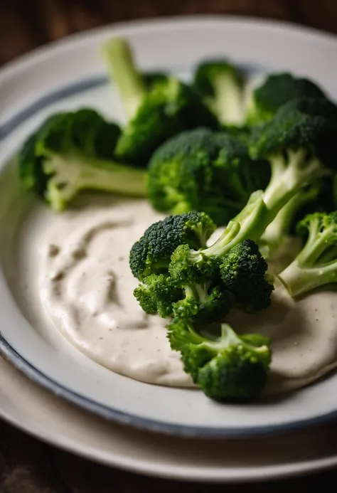 A close-up shot of a plate of raw broccoli florets, with a small dish of creamy dip beside them, showcasing the versatility of broccoli as a tasty and nutritious snack, creating a visually interactive and tempting display.