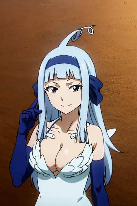 FAIRY TAIL ANGEL, LONG HAIR, BANGS, BLUE HAIR, HAIRBAND, BLUE HAIRBAND, AHOGE, THIGHHIGHS, GLOVES, DRESS, CLEAVAGE, ELBOW GLOVES, WHITE DRESS, 1girl, solo, facing viewer, looking at viewer, upper body, smile,