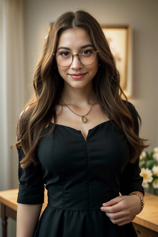 (best quality,4k,8k,highres,masterpiece:1.2),ultra-detailed,realistic,photorealistic,beautiful,soft lighting,portraits,detailed eyes,long eyelashes,gorgeous lips,radiant smile,flowing wavy hair,fashionable glasses,captivating necklace,charming,confident po...