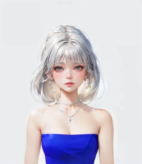 a close up of a woman with a blue dress and a necklace, inspired by Sim Sa-jeong, silver hair (ponytail), the sims 4 texture, crystalline translucent hair, straight hairstyle, white long straight hair, hyperrealistic teen, detailed hair foggy, realistic ha...