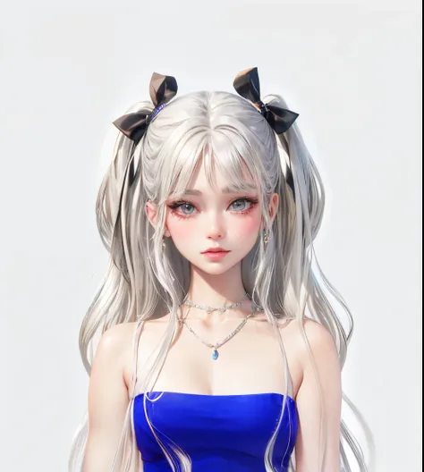 a close up of a woman with a blue dress and a necklace, inspired by sim sa-jeong, silver hair (ponytail), the sims 4 texture, cr...