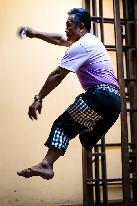 “Realistic art, old malay man late 50’s, fearless face, wearing white t shirt, purple trousers, black and white checkered sarong, making roti prata while doing high kick silat style, multiple roti prata flying on the air, malay kampong background “