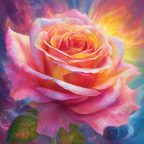 A radiant rose with petals displaying rainbow-like colors,emanating the light of both the sun and the moon