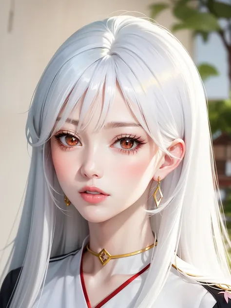 anime girl with long white hair and red collared top, beautiful anime portrait, white haired deity, white hime cut hairstyle, girl with white hair, guweiz, detailed portrait of anime girl, beautiful anime girl, stunning anime face portrait, portrait of an ...