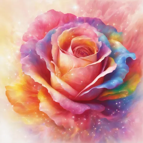 A radiant rose with petals displaying rainbow-like colors,emanating the light of both the sun and the moon