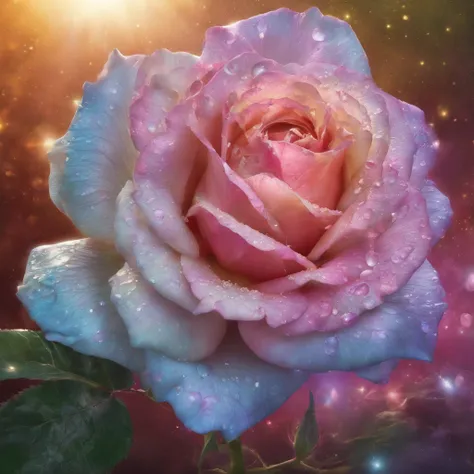 A radiant rose with petals displaying rainbow-like colors,emanating the light of both the sun and the moon