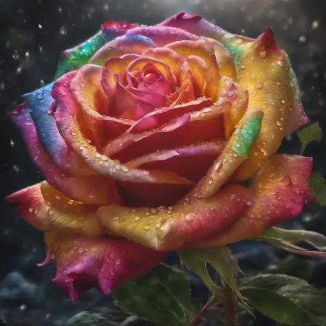 A radiant rose with petals displaying rainbow-like colors,emanating the light of both the sun and the moon