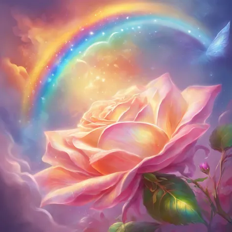 A radiant rose with petals displaying rainbow-like colors,emanating the light of both the sun and the moon