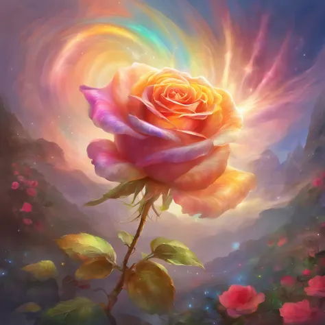 A radiant rose with petals displaying rainbow-like colors,emanating the light of both the sun and the moon